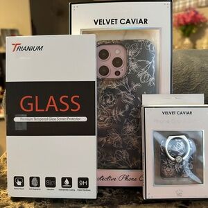 ✨New Velvet Caviar Black Rose Gold Chrome Floral iPhone 13 Pro Case & Grip Stand